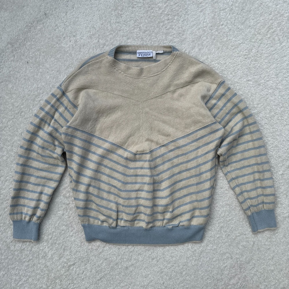 Vintage Gianfranco Ferre Knit Sweater Women's XL 54 EU Beige Blue Striped